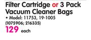 Wap Filter Cartridge or 3 Pack Vacuum Cleaner Bags 11753, 19-1005 Each