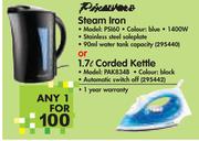 Pineware Steam Iron PS160 Or 1.7ltr Corded Kettle PAK834B-Each