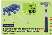 Topline 6 Piece Black Tip Screwdriver Set+ 500g Claw Hammer Fibre Handle