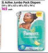 Pampers ACtive Jumbo Pack Diapers(54's, 58's, 62's, 68's, 82's, 94's)-Each