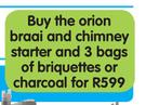 Orian Braai And Chimney Starter And 3 bags of Briquettes Or Charcoal-Per Pack