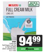 Spar Long Life Full Cream,Low Fat Or Fat Free Milk-6 x 1L Per Pack