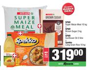 Spar Super Maize Meal 10Kg+Brown Sugar 2Kg+Sunflower Oil 2L+Spekko Long Grain Rice 10Kg-For All