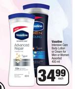 Vaseline Intensive Care Body Lotion Or Cream For Men Or Women Assorted-400ml Each