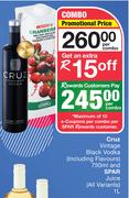 Cruz Vintage Black Vodka (Including Flavours)-750ml & Spar Juice (All Variants)-1L Per Combo
