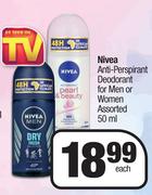 Nivea Anti Perspirant Deodorant For Men Or Women Assorted-50ml Each