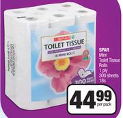 Spar Mini Toilet Tissue Rolls 1 Ply 300 Sheets-18 Per Pack 