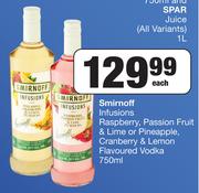 Smirnoff Infusions Rasberry,Passion Fruit,Lime,Pineapple,Cranberry & Lemon Flavoured Vodka-750ml Ea