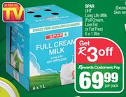 Spar UHT Long Life Milk Full Cream, Low Fat Or Fat Free-6 x 1L Per Pack
