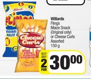 Willards Flings Maize Snack Original Only Or Cheese Curls Assorted-For 2 x 150g