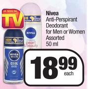 Nivea Anti Perspirant Deodorant For Men Or Women Assorted-50ml Each