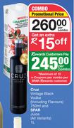 Cruz Vintage Black Vodka (Including Flavours) 750ml & Spar Juice (All Variants) 1L-Per Combo