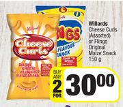 Willards Cheese Curls (Assorted) Or Flings Original Maize Snack-For Any 2 x 150g