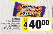 Cadbury 5 Star, Crunchie Lunch Bar (Assorted) Or P.S. (Assorted)-For Any 4 x 40g/ 48g/ 48.5g