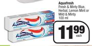 Aquafresh Fresh & Minty Blue, Herbal, Lemon Mint Or Mild & Minty-100ml Each