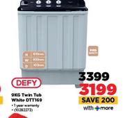 Defy 9Kg Twin Tub White Washing Machine DTT169