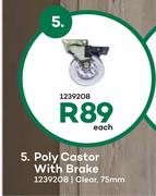 Poly Castor With Brake Clear 75mm-Each