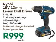 Ryobi 18V 10mm Li-Ion Drill Driver 1316188-Each