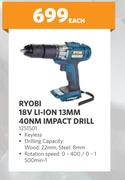 Ryobi 18V Li-Ion 13mm 40NM Impact Drill 1251501-Each