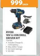 Ryobi 18V Li-Ion Drill Driver Kit 1316188-Each