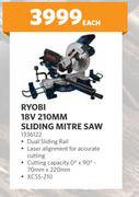 Ryobi 18V 210mm Sliding Mitre Saw 1336122-Each