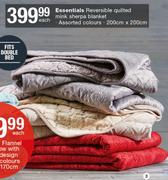 Essentials Reversible Quilted Mink Sherpa Blanket 200cm x 200cm-Each