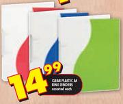 Clear Plastic A4 Ring Binders Assorted-Each