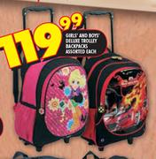 Girls And Boys Deluxe Trolley Backpacks Assorted Each