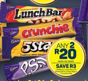 Cadbury Lunch Bar, PS Assorted Or 5 Star 48g Or Crunchie 40g-For Any 2