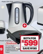 Sunbeam 1.7L Matt Stainless Steel Cordless Kettle SDK-011A Plus 2 Slice Snackwich maker SUN0022-Both