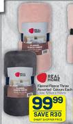 Real Home Flannel Fleece Throw Assorted Colours-125cm x 150cm Each