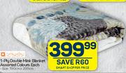 1 Ply Double Mink Blanket Assorted Colours-190cm x 200cm Each
