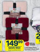 Real Home Coral Fleece Throw Assorted Colours-127cm x 152cm Each