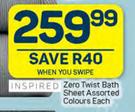 Inspired Zero Twist Bath Sheet Assorted Colours-Each