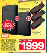 WD 2TB Portable Hard Drive, 1TB Portable Hard Drive & 3 x Sandisk Cruzer Blade 32GB USB Flash Drive