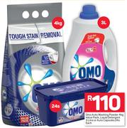 Omo Auto Washing Powder 4Kg Value Pack, Liquid Detergent 3Ltr Or Auto Capsules 24's Pack-Each