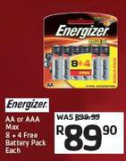 Energizer AA Or AAA Max 8 + 4 Free Battery Pack-Each