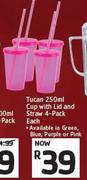 Tucan Cup With Lid And Straw 4 Pack-250ml Each