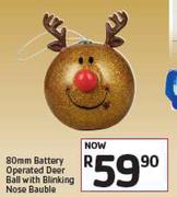 80mm Battery Operated Deer Ball With Blinking Nose Bauble