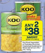 Koo Mixed Vegetables Or Chakalaka, Creamstyle Sweet Corn Or Whole Kernel Corn-For 2 x 410/415/420g