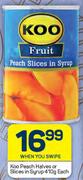 Koo Peach Halves Or Slices In Syrup-410g Each