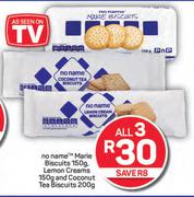 No Name Marie Biscuits 150g, Lemon Creams 150g & Coconut Tea Biscuits 200g-All 3