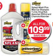 Shield Splash Wash Plus Wax Car Shampoo 1L, Vinyl Rub 300ml & Chamois Absorber-All For