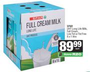 Spar UHT Long Life Milk (Full Cream, Low Fat Or Fat Free)-6 x 1Ltr Each