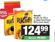 Nescafe Ricoffy Tin 750g Or Value Pack Pouch 800g