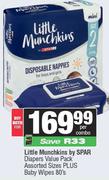 Little Munchkins By Spar Diapers Value Pack (Assorted Sizes) Plus Baby Wipes 80's Pack-For Both