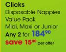 Clicks Disposable Nappies Value Pack Midi, Maxi Or Junior-2's