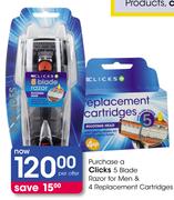 Clicks 5 Blade Razor For Men & 4 Replacement Cartridges-Per Offers
