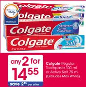 Colgate Regular Toothpaste 100Ml Or Active Salt-2x75Ml