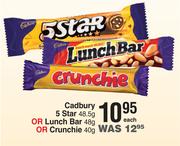 Cadbury 5 Star 48.5g Or Lunch Bar 48g Or Crunchie 40g-Each